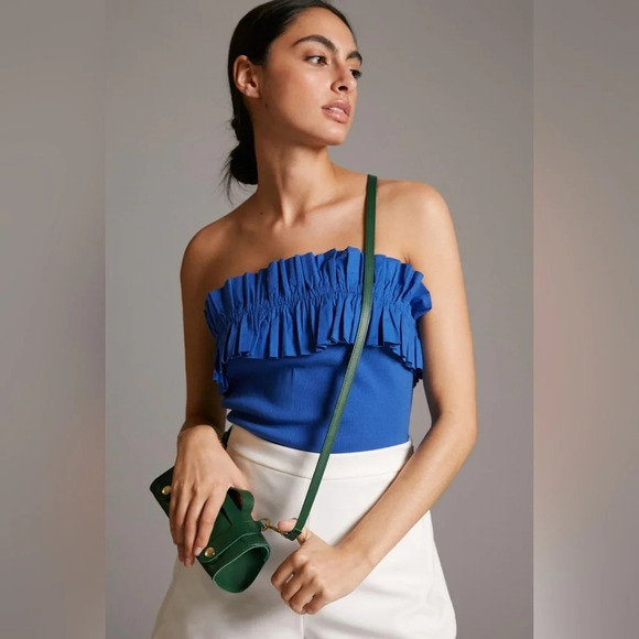 MAEVE by ANTHROPOLOGIE Poplin Ruffle Tube Top in Blue - Picture 2 of 10